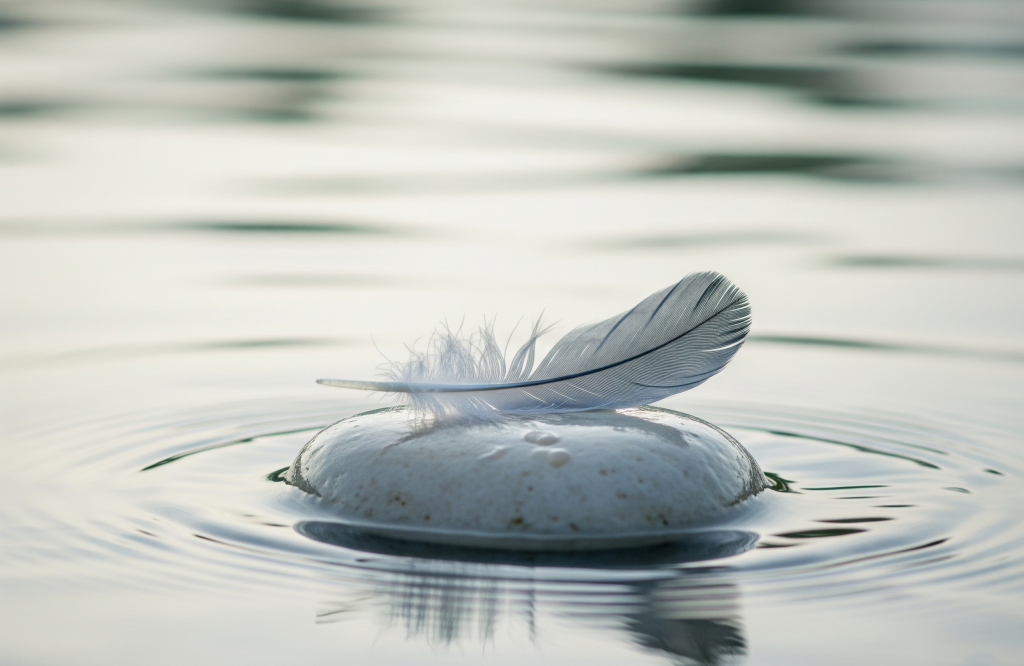 Una pluma blanca reposa en equilibrio sobre una piedra lisa en agua calmada, simbolizando el bienestar docente y la gestión de la sensibilidad a través del acompañamiento individual.