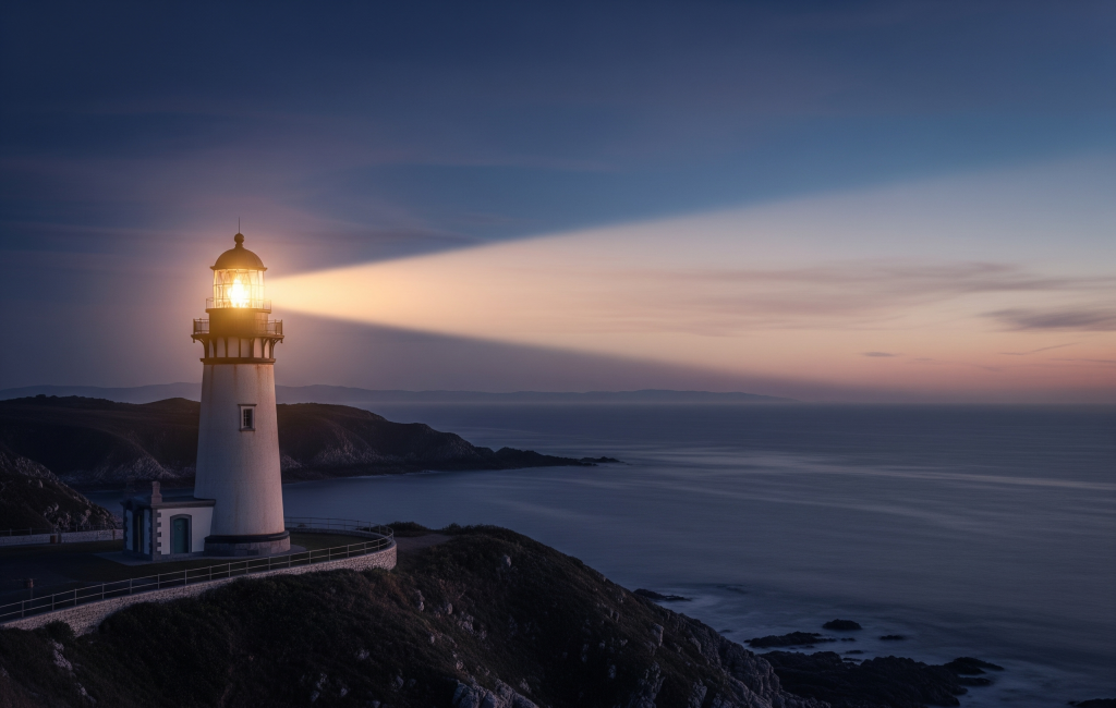 Un faro iluminando el mar durante el atardecer desde un acantilado, representando el liderazgo educativo consciente y la visión estratégica que las formaciones para equipos directivos buscan construir.