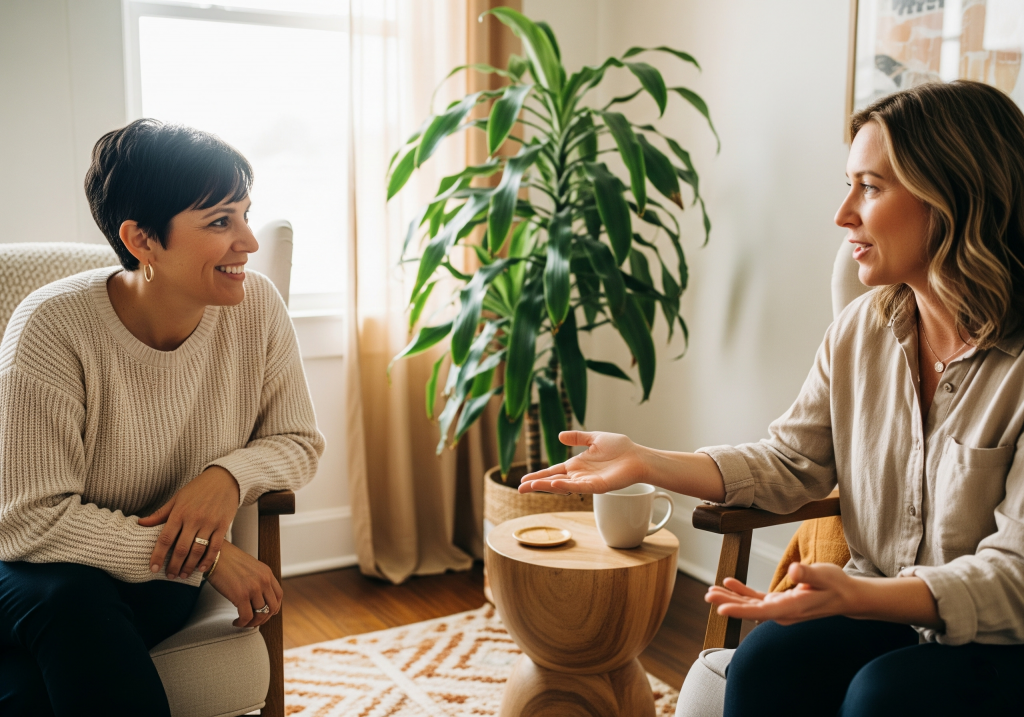 Dos mujeres en una conversación profesional y empática, representando la mentoría individual para docentes. Simboliza el acompañamiento profundo y el espacio seguro para la transformación personal y el liderazgo consciente.