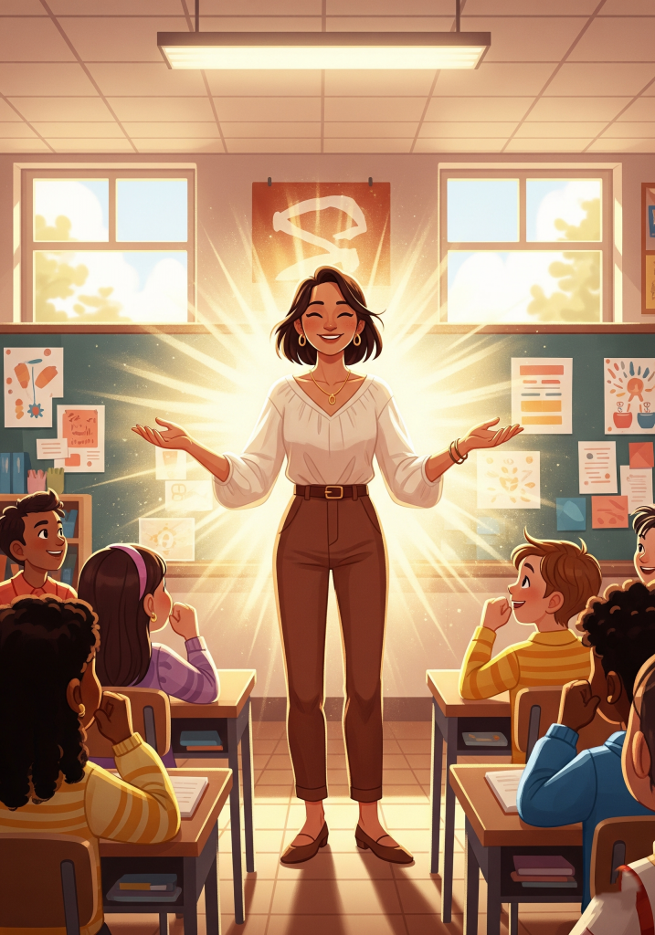 Imagen inspiradora de una maestra empoderada, que refleja cómo la gestión emocional fortalece la enseñanza y el clima del aula.