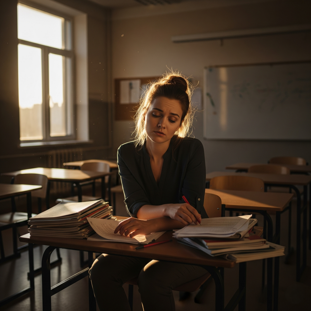 Imagen de una maestra cansada en un aula vacía, que refleja la resaca emocional y el impacto del trabajo emocional en la docencia.
