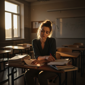 Imagen de una maestra cansada en un aula vacía, que refleja la resaca emocional y el impacto del trabajo emocional en la docencia.