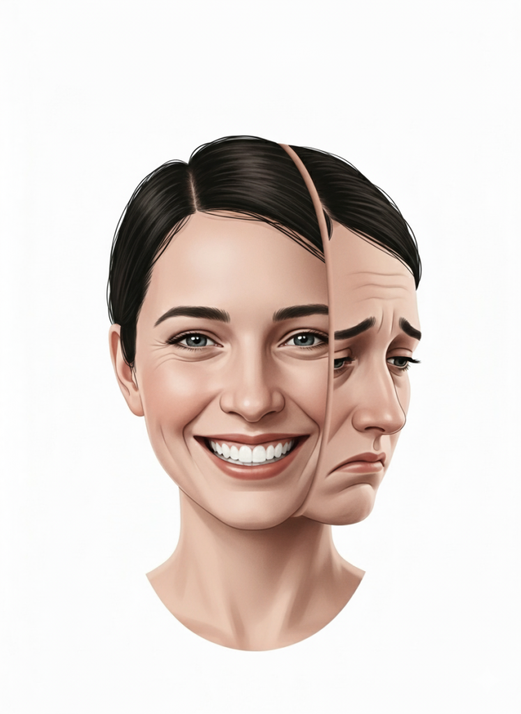 Representación visual del concepto de trabajo emocional: mostrar emociones aceptadas socialmente aunque se sientan otras en el interior.