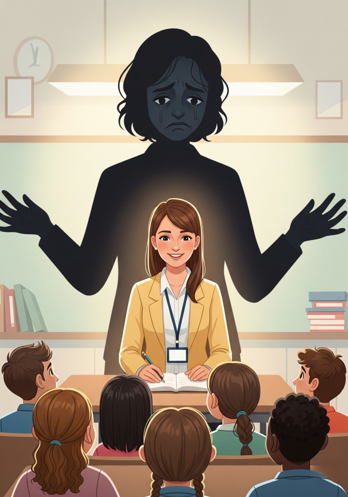 Imagen inspiradora de una maestra empoderada, que refleja cómo la gestión emocional fortalece la enseñanza y el clima del aula.